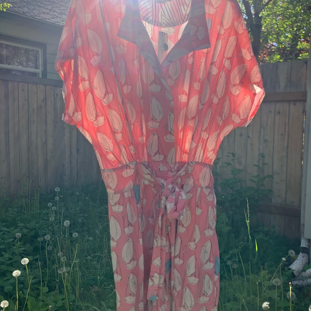 Anthropologie Maeve Short VNeck ROMPER in Pink Sailboat Nautical Print NWT